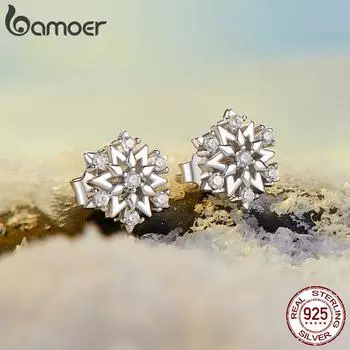Bamoer Подлинные серьги-гвоздики в форме снежинки из стерлингового серебра 925 пробы, гипоаллергенные серьги-гвоздики в форме цветка снежинки с фианитами, покрытые белым золотом 0.8cm серебряный