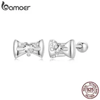 BAMOER, простые серьги-гвоздики с бантом из стерлингового серебра 925 пробы, позолоченные серьги в форме сердца для женщин, ювелирные изделия в подарок SCE1748
