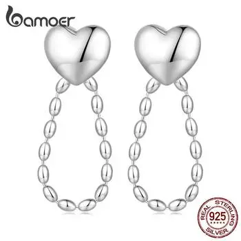 BAMOER, простые серьги-гвоздики в форме сердца из стерлингового серебра 925 пробы, серьги-подвески с кисточками и рисовыми бусинами для женщин, минималистичный подарок на день рождения 925 silver