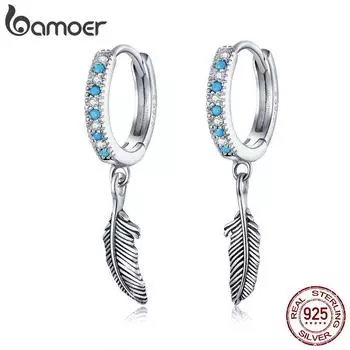 BAMOER серьги-капли с перьями, 100% стерлинговое серебро 925 пробы, синий циркон, винтажные висячие серьги, ювелирные изделия 925 silver