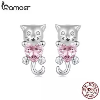 BAMOER Solid 925 Sterling Silver Dainty Cat Stud Earrings - Гипоаллергенные минималистичные милые серьги-гвоздики в виде животных для женщин и девушек, ювелирные украшения 9*5mm розовый/серебряный