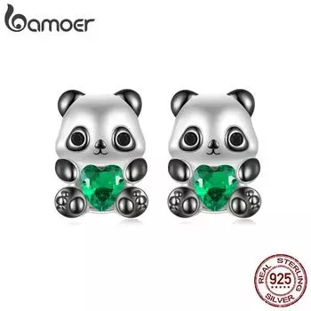 BAMOER Solid 925 Sterling Silver Dainty Panda Stud Earrings - Гипоаллергенные минималистичные милые серьги-гвоздики в виде животных для женщин и девушек, ювелирные украшения 9*6mm зелёный/чёрный