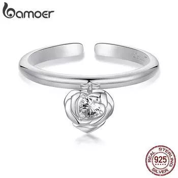 BAMOER Solid 925 Sterling Silver Heart Rose Открытое кольцо на день рождения, годовщину, день святого Валентина, ювелирный подарок для женщины, жены 0.2cm серебряный
