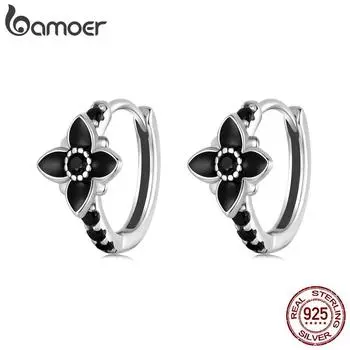 BAMOER Solid 925 Sterling Silver Nightfall Flower Hoop Серьги Винтаж Панк Серьги для женщин Подростки Сердце Huggie Подарок 1.2*0.7cm серебряный/чёрный