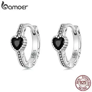 BAMOER Solid 925 Sterling Silver Nightfall Heart Hoop Earrings Vintage Punk Earrings for Women Teens Heart Huggie Gift 1.2*0.4cm серебряный/чёрный