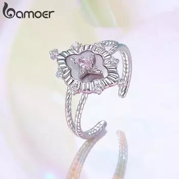 BAMOER Starlight Pink Shell Открытое кольцо из меди для женщин Модное кольцо из белого золота высокого качества с перламутром для вечеринки Повседневный подарок на день рождения 0.2-0.5cm серебряный