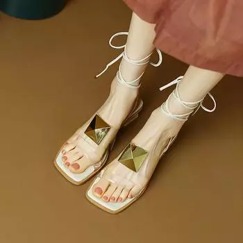 Bandage sandals women s 2025 new summer mid-heel thick heel with fairy style metal buckle transparent high heels 35 абрикосовый