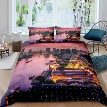 Bangkok Cityscape Print Bedding Set 3pcs for Kids Boys Bangkok Night View Comforter Cover Modern City Duvet Microfiber Cover Set US Queen(228x228cm)