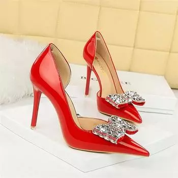 Banquet Heels Shallow Mouth Pointed Toe Side Hollowed Out Patent Leather Rhinestone Bow Single Shoe Women Elegant Fashion 34(Foot22cm)