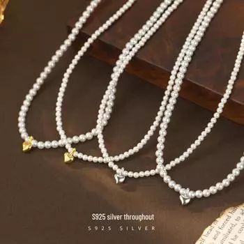 Banyan Tree S925 Silver Korean Love Pearl Heart Necklace – Retro Gold Bean Clavicle Chain 3mm белого золота