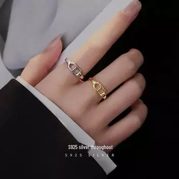 Banyan Tree S925 Silver Korean Pig Nose Open Ring - Cold Style Index Finger Ring for Women Silver plated with gold серебряный