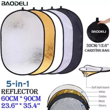 BAODELI 23,6 x 35,4 60x90 см 5 в 1 отражатель для фотографии складной портативный рассеиватель света овальная фотография многоцветный серебристый черный Round 60cm
