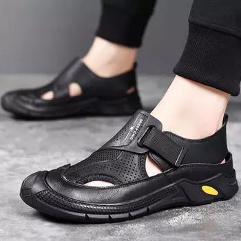 Baotou Breathable Men s Shoes New Men s Summer Men s Shoes Fashion Sandals Hollow Sports Quicksohling Leather Shoes Size 38-44 38 чёрный