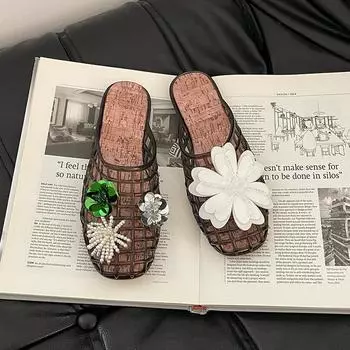 Baotou half slippers niche design cool slippers women s summer hollow sequins crystal sandals breathable 36