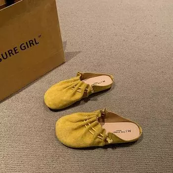 Baotou half slippers women wear new flat-bottomed pleated lazy cool slippers versatile shoes 35