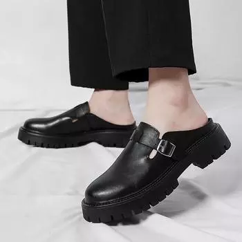 Baotou leather slippers men s 2025 summer new lazy outer wear casual muffin thick-soled half slippers breathable half drag leather shoes 38 чёрный