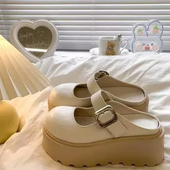 Baotou platform women s autumn new leather lazy shoes women s buckle slippers 35