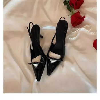 Baotou sandals 2025 new women s pointed pointed hollow high heels stiletto patent leather bow with single shoes 35 чёрный