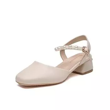 Baotou sandals summer new thick heel middle heel pearl one-word buckle with skirt back empty sandals single shoes women 34