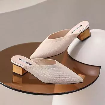 Baotou Semi-slippers женские весенне-летние новые дышащие ленивые сандалии с острым носком на среднем каблуке 41 бежевый