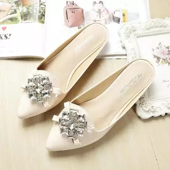 Baotou Slippers Women Summer Outside Flat Bottomed Slippers for Women Plus Size Fashion Rhinestone Pointed Sandals Womens Shoes 33 фиолетовый