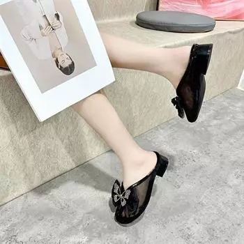 Baotou slippers women wear summer new mesh rhinestone butterfly half drag thick heel sandals fairy lazy drag 35