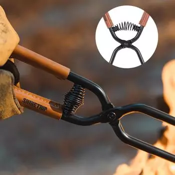 Barbecue Carbon Clips Burning Tongs with Leather Cover Carbon Steel Charcoal Clip Bonfire Firewood Clip Outdoor Camping BBQ Tool
