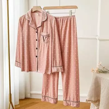 Бархатный горошек с принтом из 2 предметов: топ и штаны, пижама, осенняя новая женская теплая домашняя одежда, сексуальный комплект из брюк, свободная пижама, женская пижама M розовый