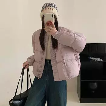 Baseball collar 90 white duck down jacket women s short 2024 winter fashion knitted splicing puff feeling bread clothes tide S слоновая кость