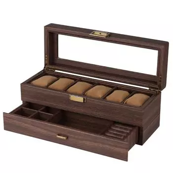 Baskiss PU Made Роскошный 2-слойный футляр для часов Коробка для хранения часов Стеклянная пластина Роскошный футляр для коллекции часов Коричневая шкатулка для ювелирных изделий Коробка для хранения часов