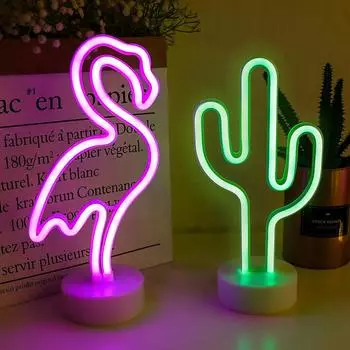 Батарея/USB светодиодный неоновый ночник знак фламинго единорог кокосовая пальма кактус ананас настольная лампа детская спальня рождественский арт декор