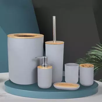 Bathroom Storage Set Toothbrush Cup Holder 6Pcs/Set Bamboo Plastic Lotion bottle Trash Can Soap Dispenser Box Toilet Brush белый
