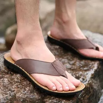 Beach Shoes Men s Double Toed Herringbone Slippers Dual-purpose Genuine Leather Soli Color Sandal Casual Men s Outdoor Anti Slip 39 светло-коричневого