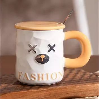 Bear Ceramic Cup with Lid and Spoon Cartoon Cute Water Cup for Girls Office Mug Set High Appearance 350ML