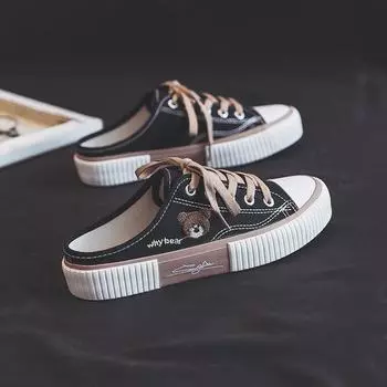 Bear Head Half-Drag Heelless парусиновые туфли женские летние новые однопедальные ленивые туфли сноуборд-обувь 35 белый