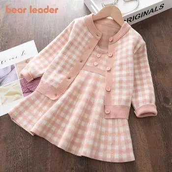 Bear Leader для девочек 3-7 лет, новая коллекция осень-зима, клетчатый вязаный свитер, топ и юбка, комплект из двух предметов AZ2623 3T розовый