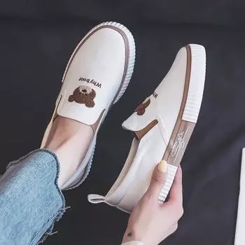 Bear One-pedal Lazy Shoes женские новые универсальные облегающие дышащие парусиновые туфли повседневные туфли на плоской подошве 35 белый
