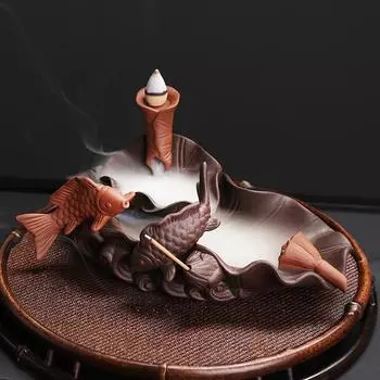 Beautiful and Functional Backflow Incense Burner with Traditional Chinese Style Lotus Leaf and Fish Lucky Feng Shui Home Decor