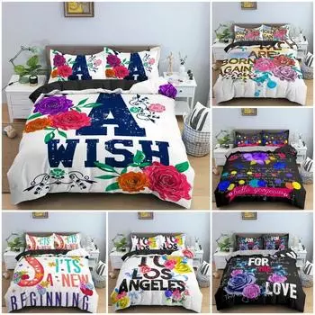 Beautiful Flowers LOVE Duvet Cover Set For Bedroom Decor Luxury Bedding Set English Letters Background King Bedclothes 70x133cm 2pcs