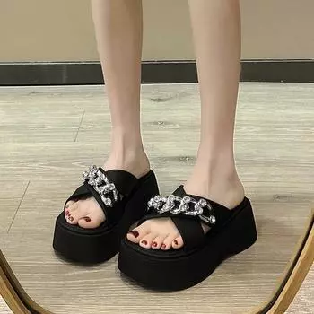 Beautiful muffin thick-soled cool slippers women s summer wear new high-end fashion beach sandals 35 чёрный