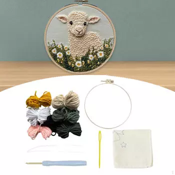 Beginners Embroidery Kit Punch Needle Animal Sheep Portable Tools Lovely DIY