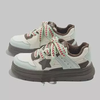 Beierjia 2024 Winter Velvet Platform Sneakers: Warm, Versatile & Stylish White Shoes for Students Size 35 коричневый/зелёный
