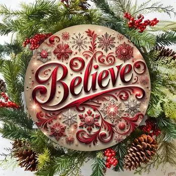 Металлическая 3D-табличка «Believe» с рождественским принтом 7,8X7,8 дюймов (20X20 см) Идеально подходит для мужского гаража и украшения улицы. чёрный