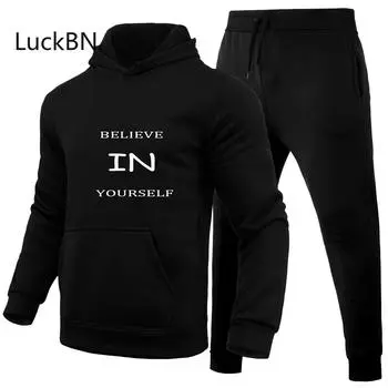 Believe In Yourself Letters Printed Sets Winter Tracksuit Men Hooded 2 Piece Sets Mens Outfits Suit Men Fleece Sport Hoodie Sweatpants Two Piece Sets S чёрный