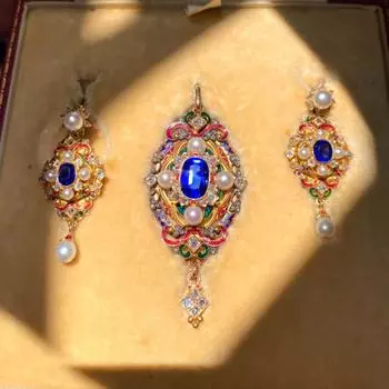 BELLA BOX Длинные серьги с подвеской из жемчуга и сапфировой эмалью, антикварный комплект для женщин No.1 синий