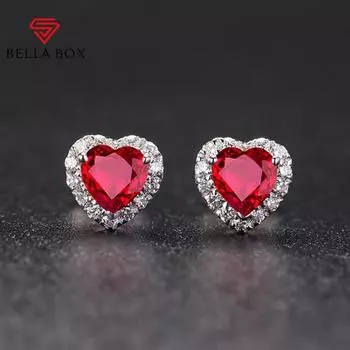 BELLA BOX New Korean Version Sweet Heart-shaped Ruby Earrings Female Temperament Love Color Treasure Earrings For Her Girlfriend s Birthday Gift розового золота