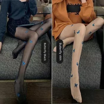 «Белые чулки Pure Desire JK Lolita с принтом синих бабочек» One Size чёрный