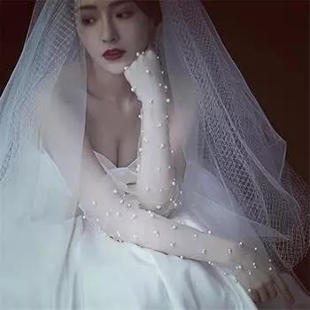 Белые свадебные перчатки Сетчатые перчатки Длинные перчатки Белые перчатки из пряжи Свадебные перчатки 55cm
