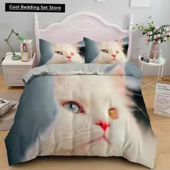 Белый кот King Queen Пододеяльник Kawaii Pet Kitty Комплект постельного белья для детей подростков взрослых семейных животных 2/3 шт полиэстеровый пододеяльник EU single(135x200cm)