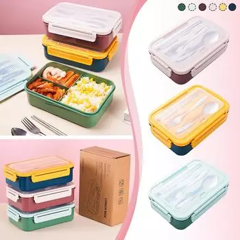 Bento Box Student Пластиковый разделенный с вилкой, ложкой, палочками для еды Worker Bento Box Портативный герметичный ланч-бокс Подарочный ланч-бокс One Size зелёный